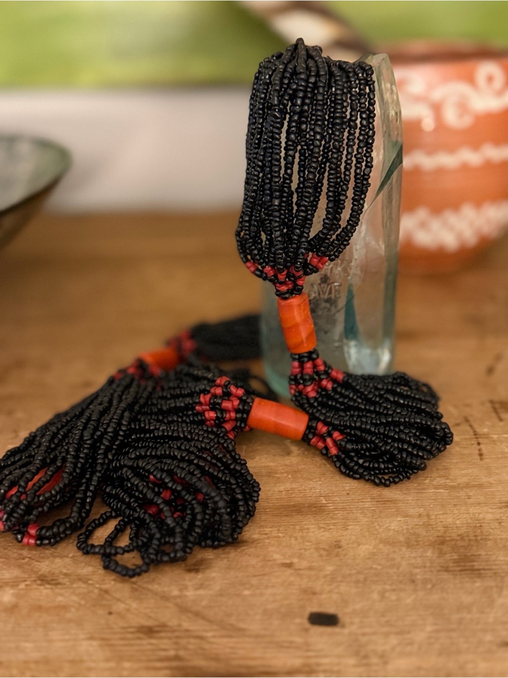 Vintage Tribal Maso Style Black and Red Beaded Necklace